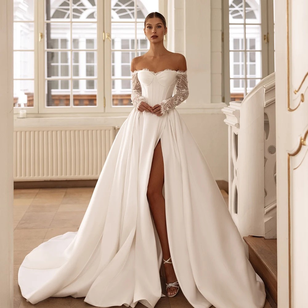 Luxurious Off The Shoulder Long Sleeves Sweetheart Satin A Line Wedding Dresses Side Slit CUstom made 2025 Vestido D